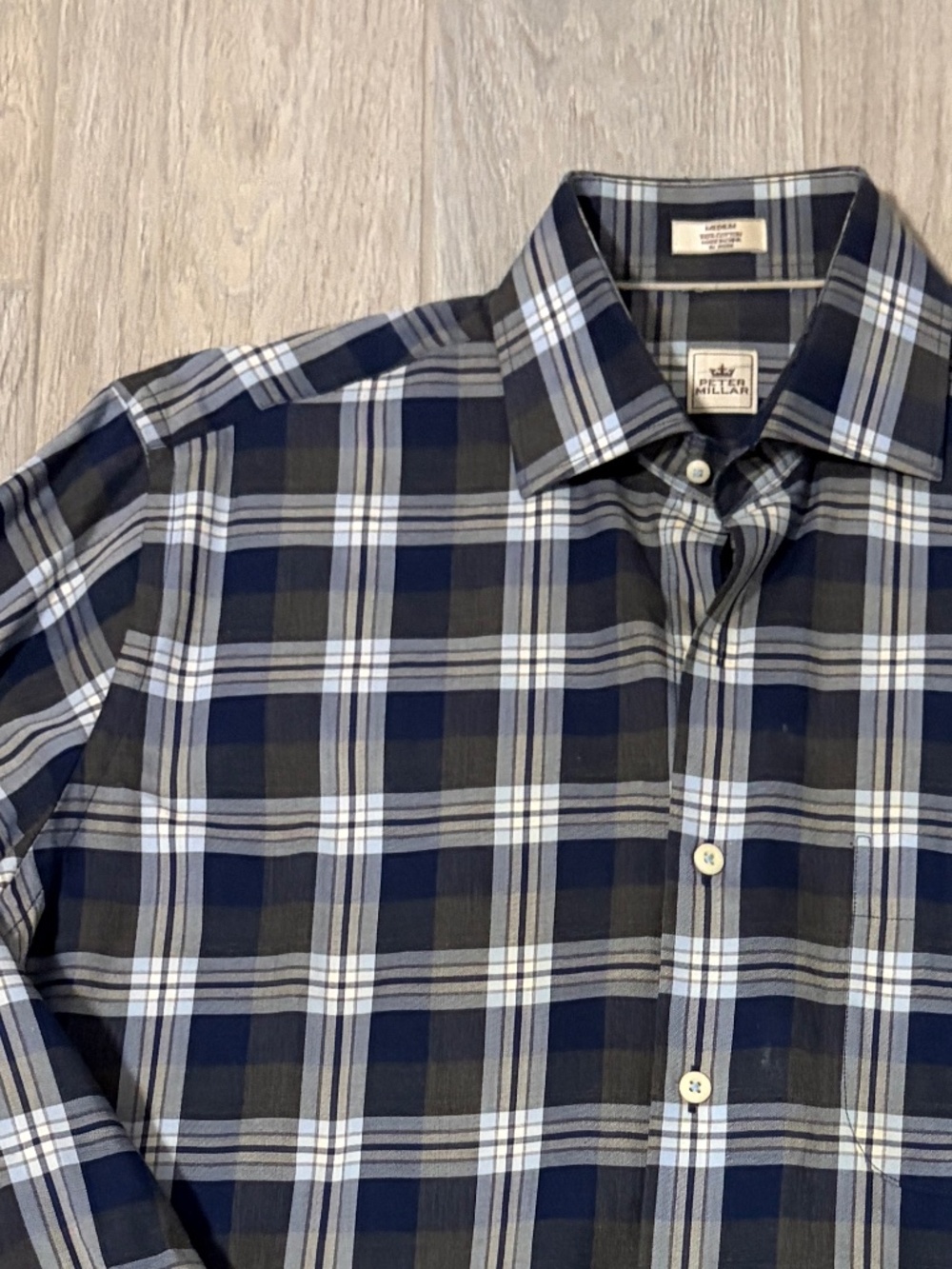 LIKE NEW! Men's Peter Millar Blue/Gray Plaid Button Day - MEDIUM